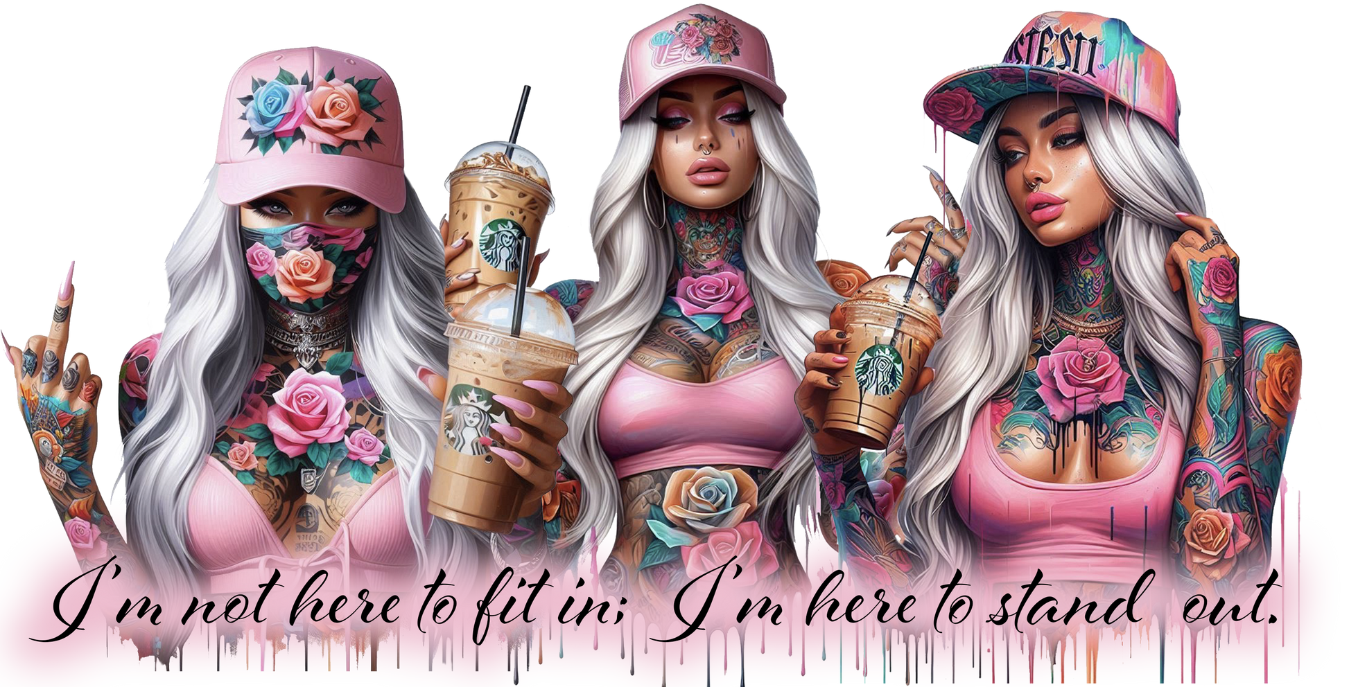Three women with floral hats and tattoos holding drinks, with a Starbucks cup.