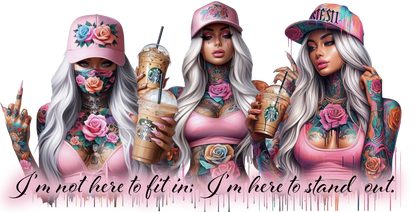 Three women with floral hats and tattoos holding drinks, with a Starbucks cup.