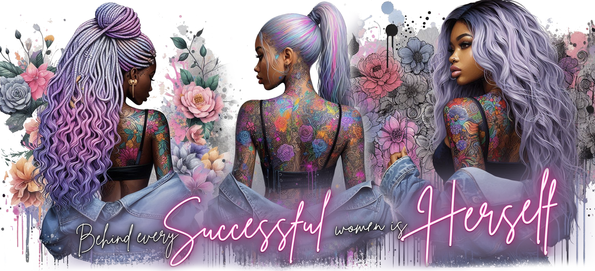 Three women with tattoos and colorful hair, surrounded by flowers with text 'Behind every successful woman is herself'.