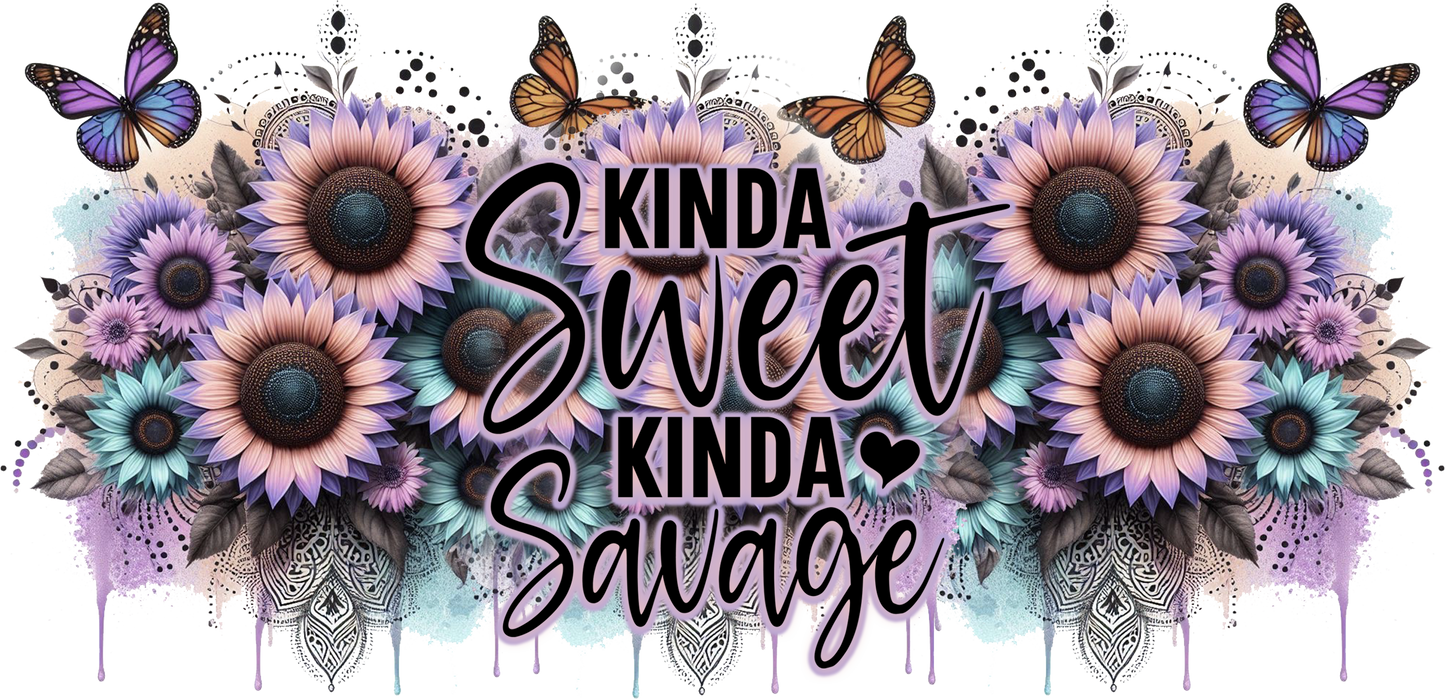 Decorative design with flowers, butterflies, and text 'KINDA Sweet KINDA Savage' on a white background.