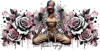 Artistic design with flowers and text on a white background