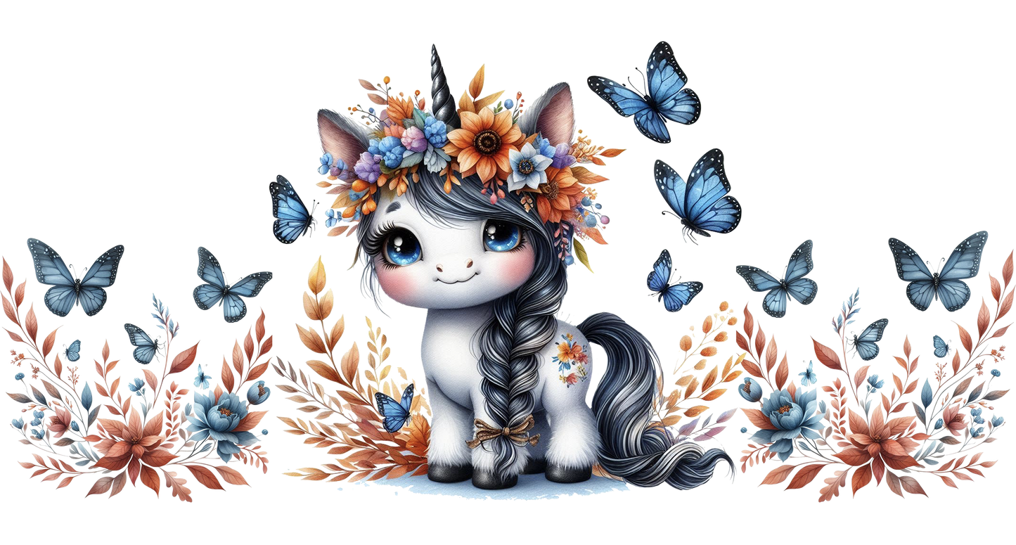 Unicorn with floral crown and butterflies on a white background