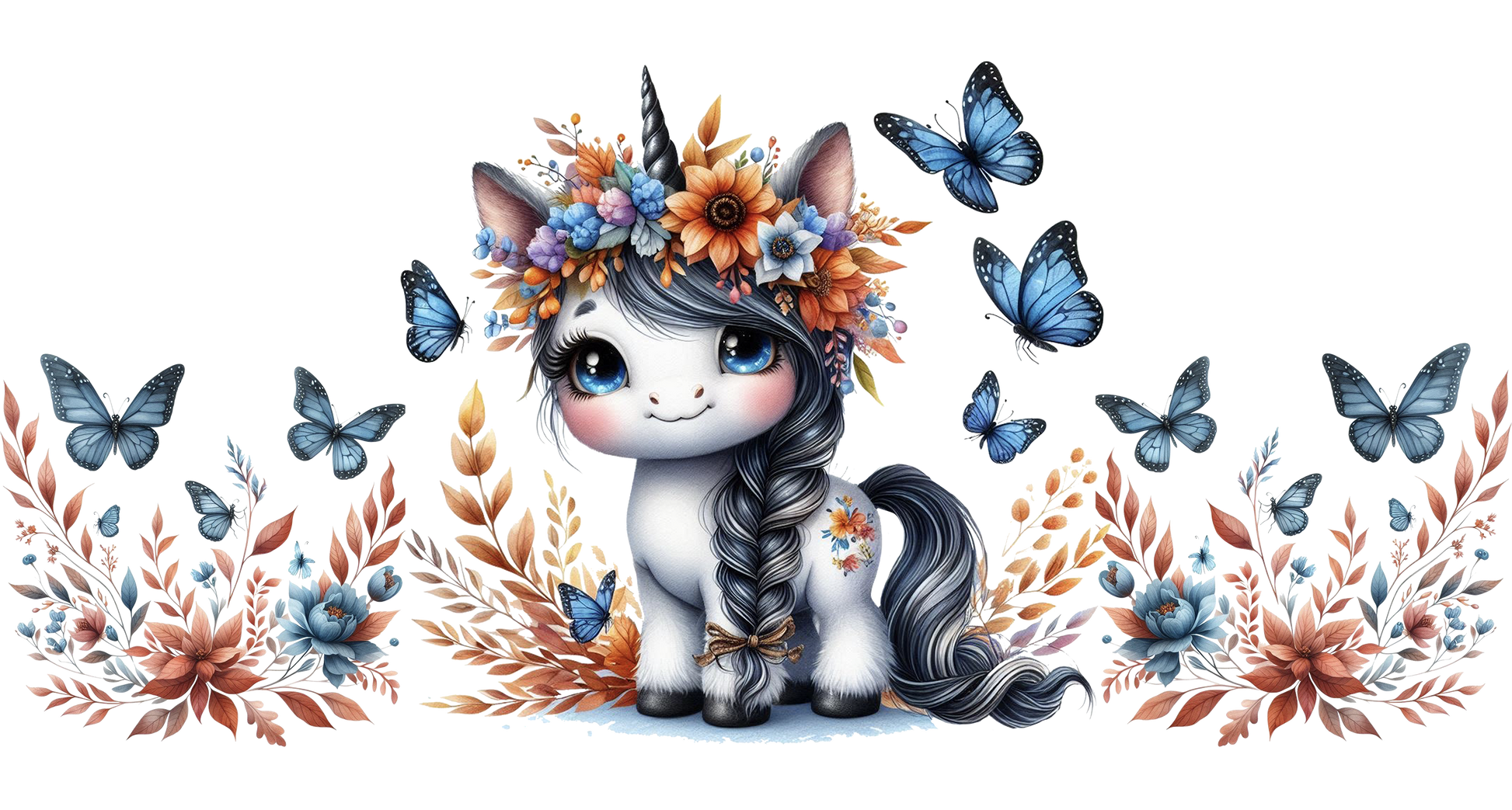 Unicorn with floral crown and butterflies on a white background