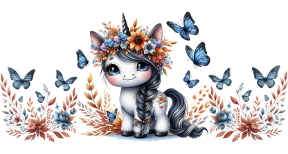 Unicorn with floral crown and butterflies on a white background