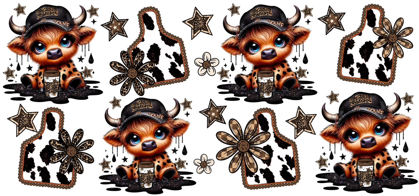 Repetitive pattern of a cartoon cow in a cowboy hat with decorative elements on a white background.