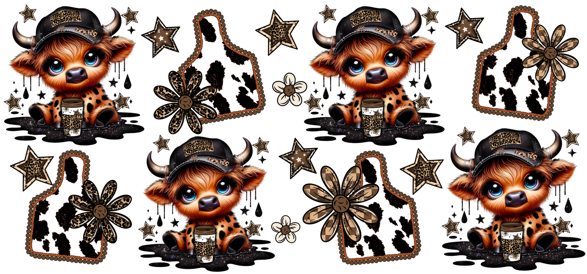 Repetitive pattern of a cartoon cow in a cowboy hat with decorative elements on a white background.