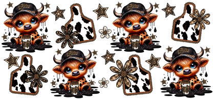Repetitive pattern of a cartoon cow in a cowboy hat with decorative elements on a white background.