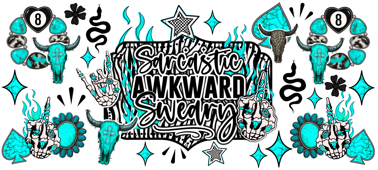 Decorative sticker sheet with turquoise and black designs and text.