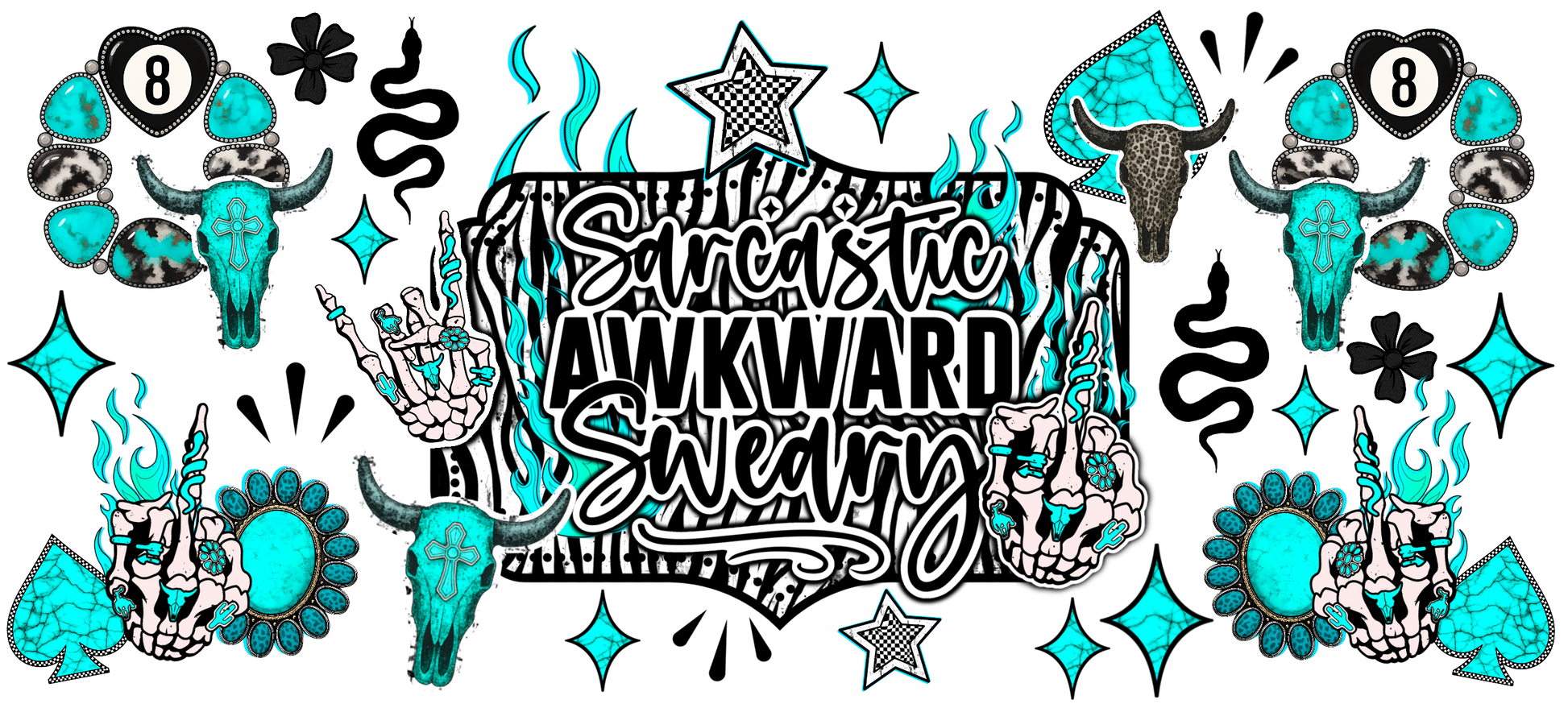 Decorative sticker sheet with turquoise and black designs and text.