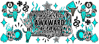 Decorative sticker sheet with turquoise and black designs and text.