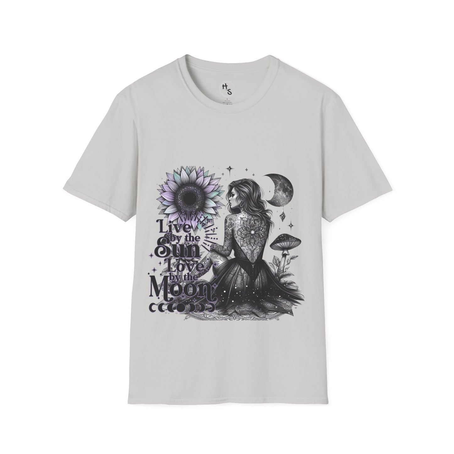 Ice Grey t-shirt with black graphic design featuring a person, sun, and moon on a white background