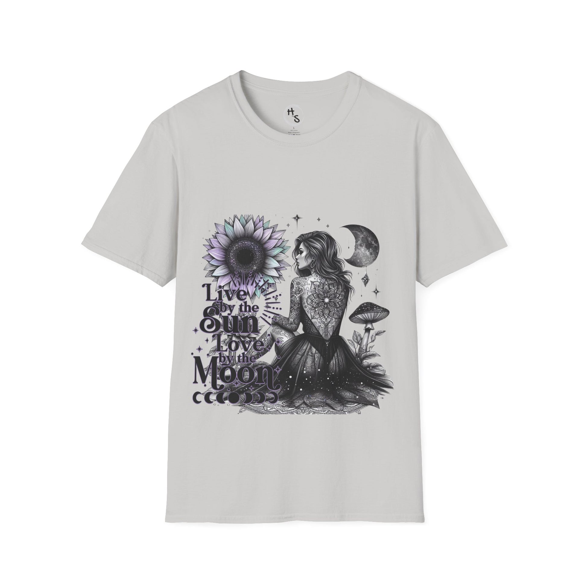 Ice Grey t-shirt with black graphic design featuring a person, sun, and moon on a white background
