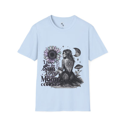 Light blue t-shirt with a black and white graphic design on a white background