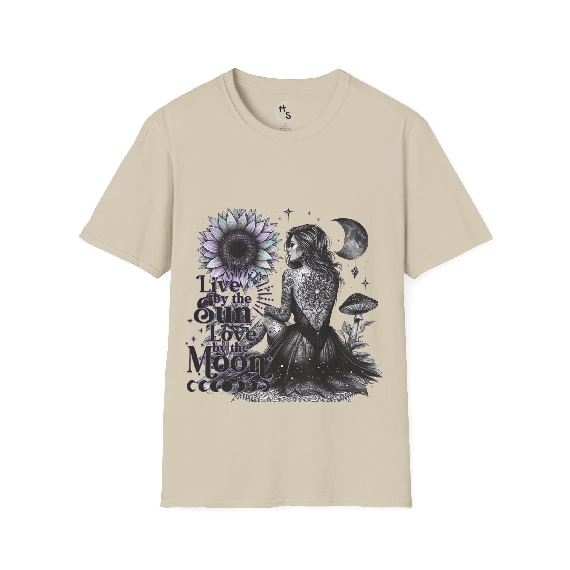 Beige t-shirt with black and white graphic design featuring a person, sunflower, and moon on a beige background.