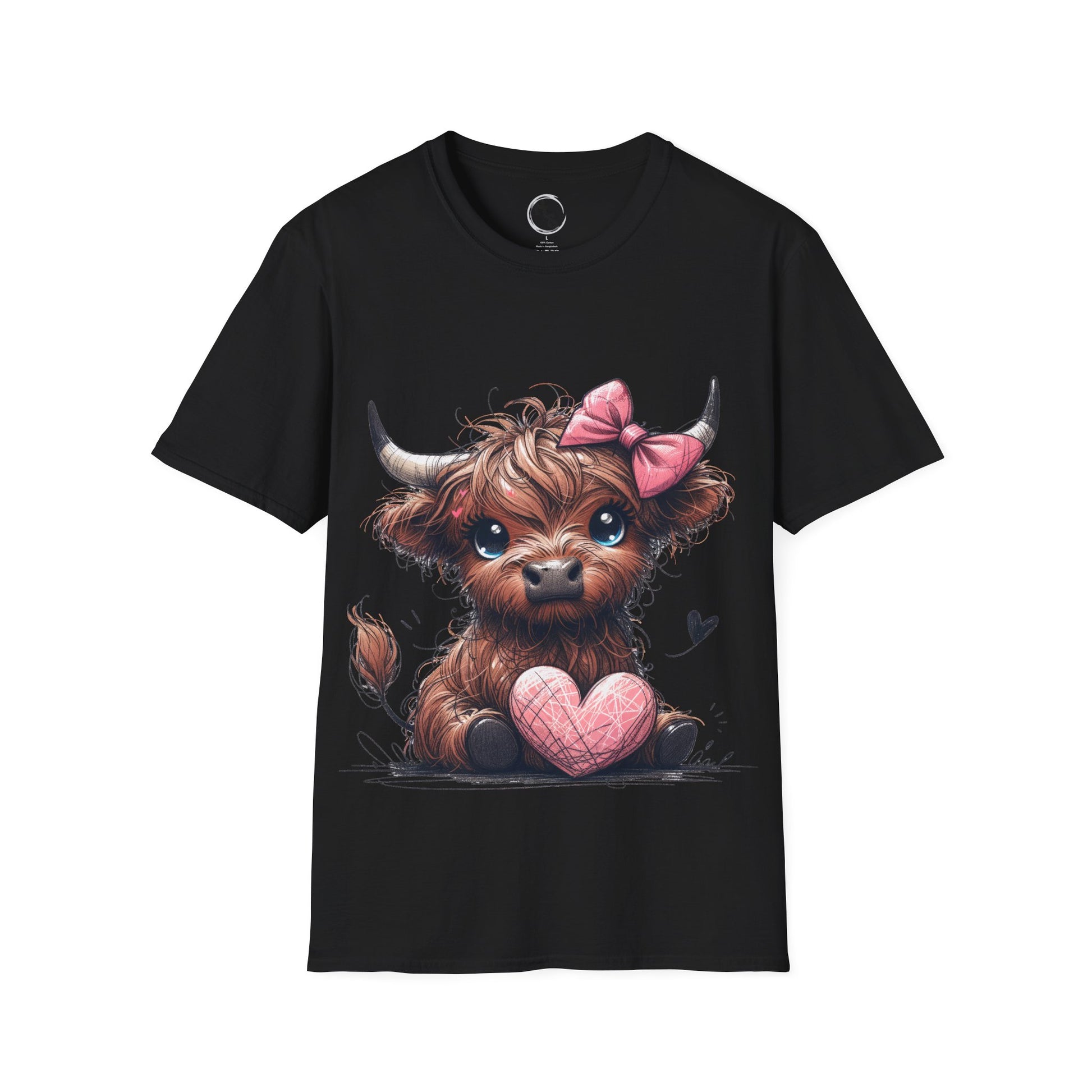 Black t-shirt with a cartoon cow holding a pink heart on a white background
