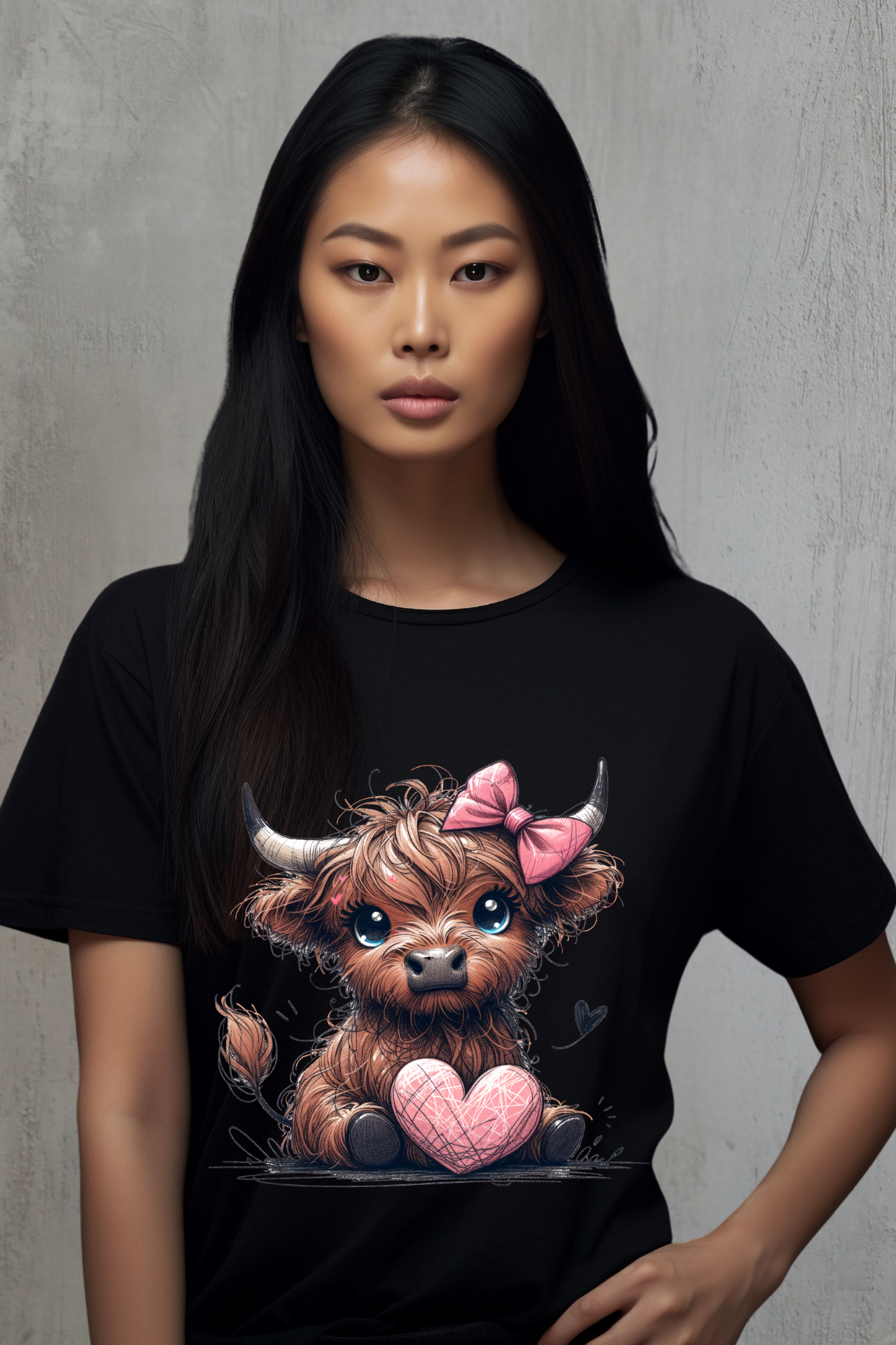 Person wearing a black t-shirt with a cute animal design featuring a heart and pink bow.