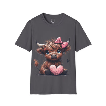 Gray t-shirt with a cute cow illustration holding a pink heart on a white background
