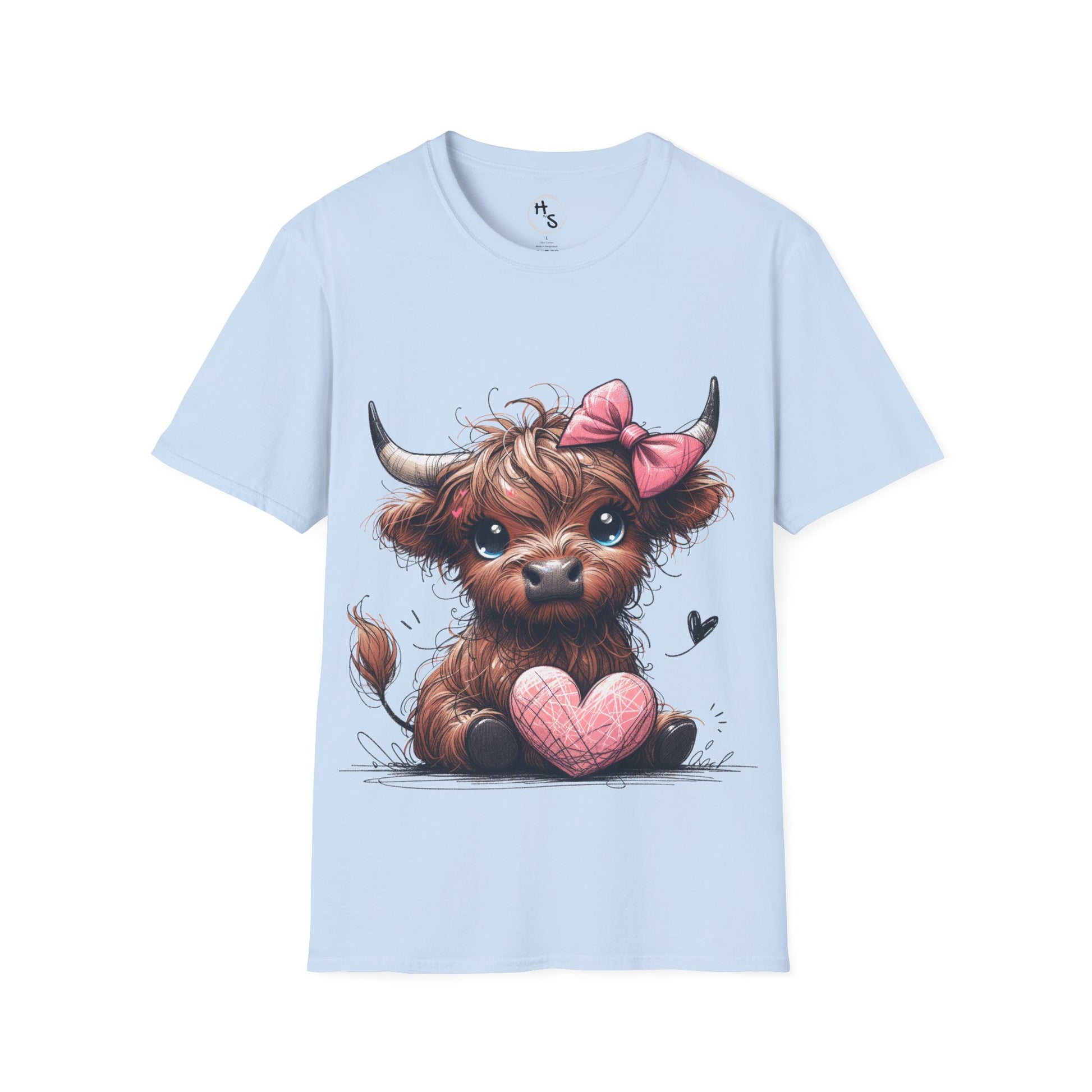 Light blue t-shirt with a cartoon cow holding a heart on a white background