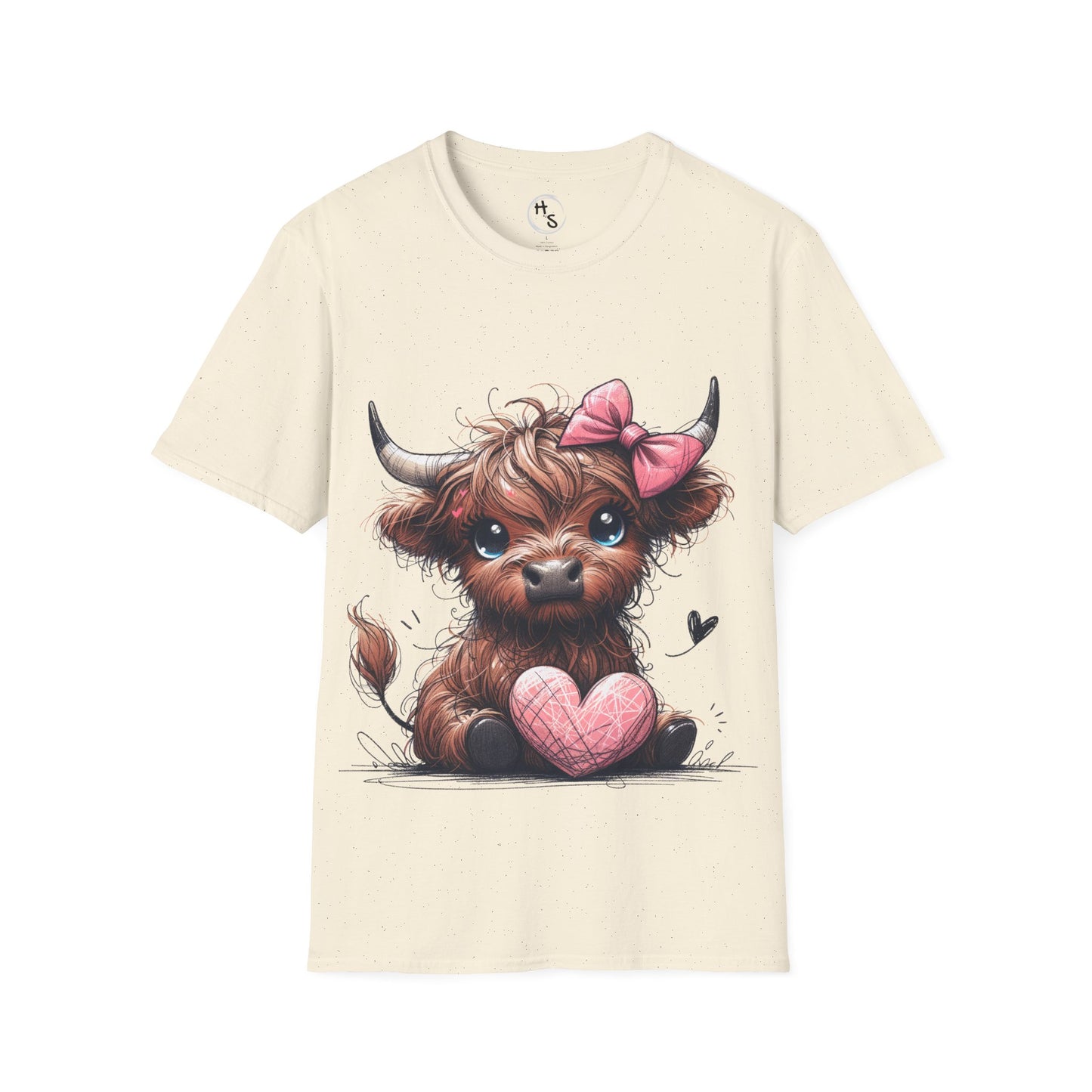 Beige t-shirt with a cartoon cow holding a pink heart and a pink bow on a white background