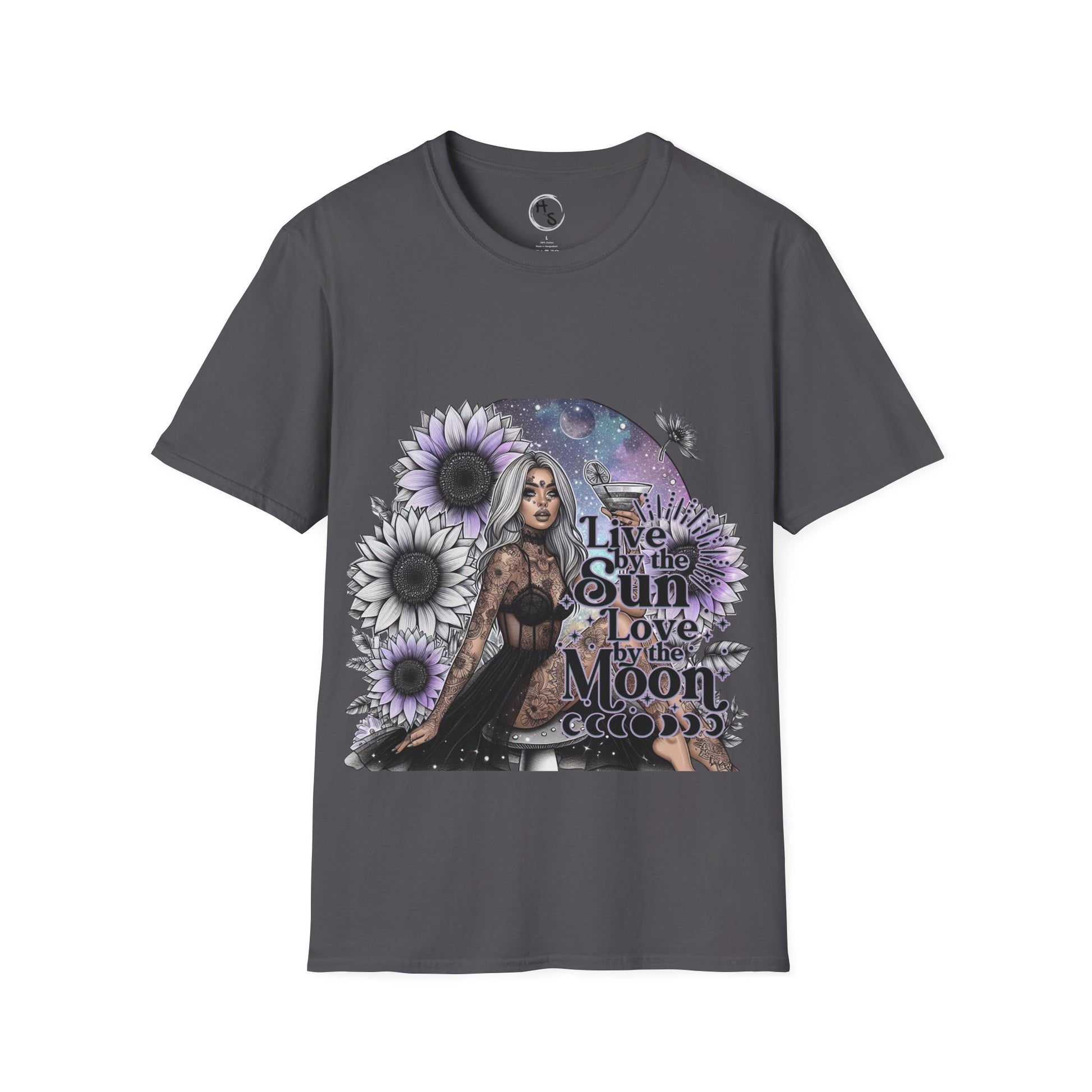 Gray t-shirt with a graphic design featuring a woman, flowers, and text on a white background