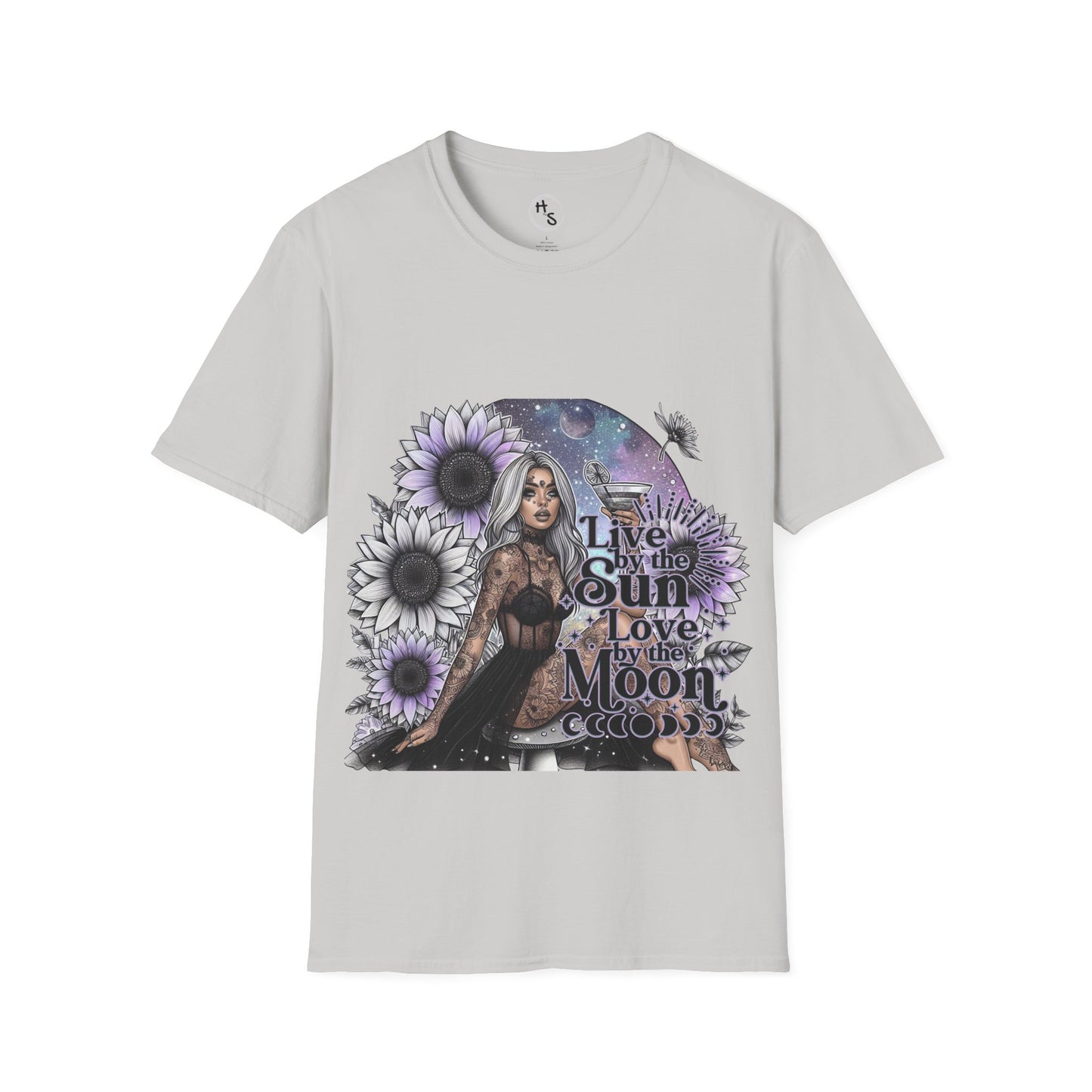 Gray t-shirt with a graphic design featuring a woman, flowers, and text on a white background