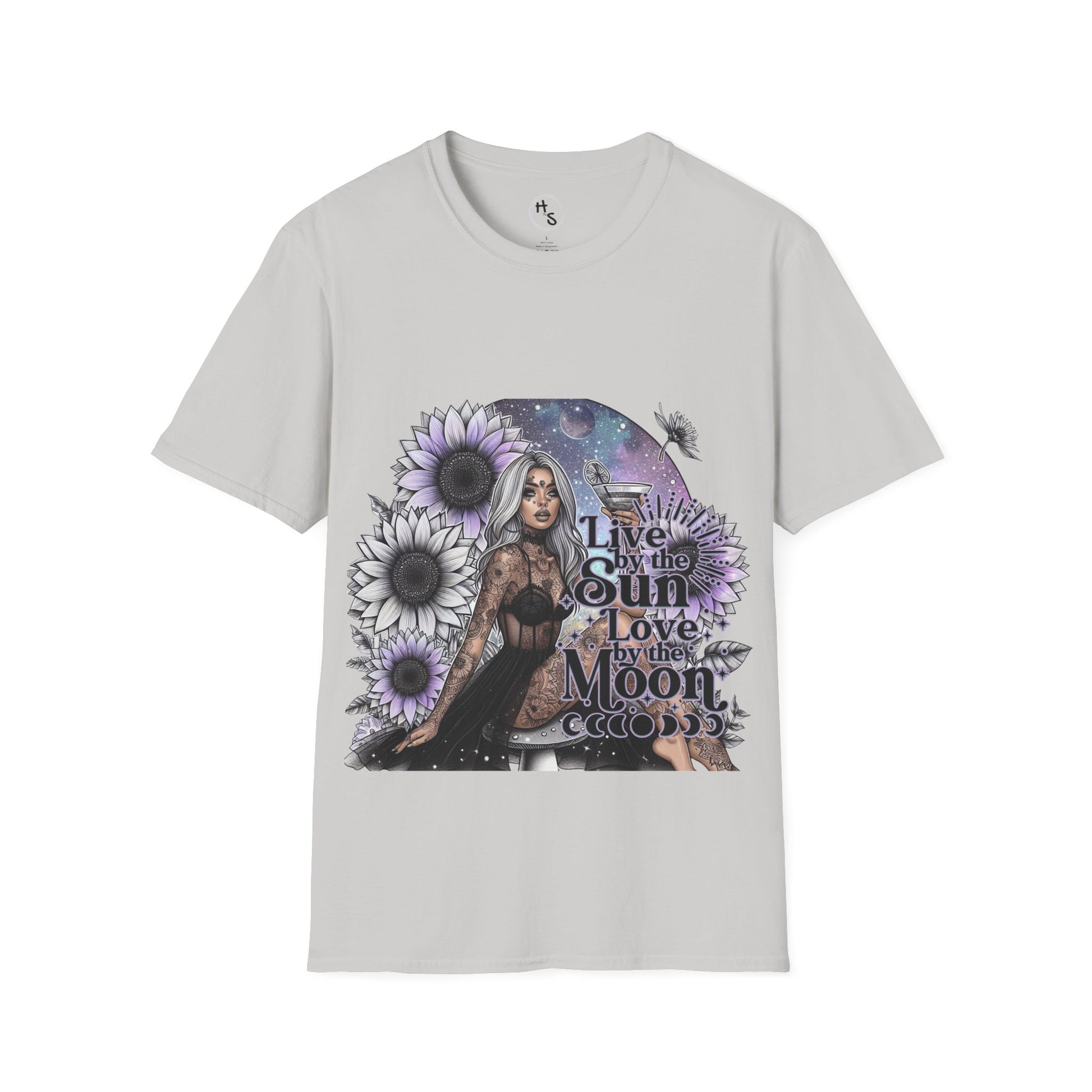 Gray t-shirt with a graphic design featuring a woman, flowers, and text on a white background
