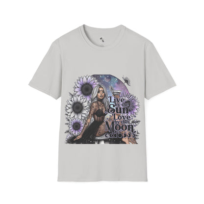 Gray t-shirt with a graphic design featuring a woman, flowers, and text on a white background