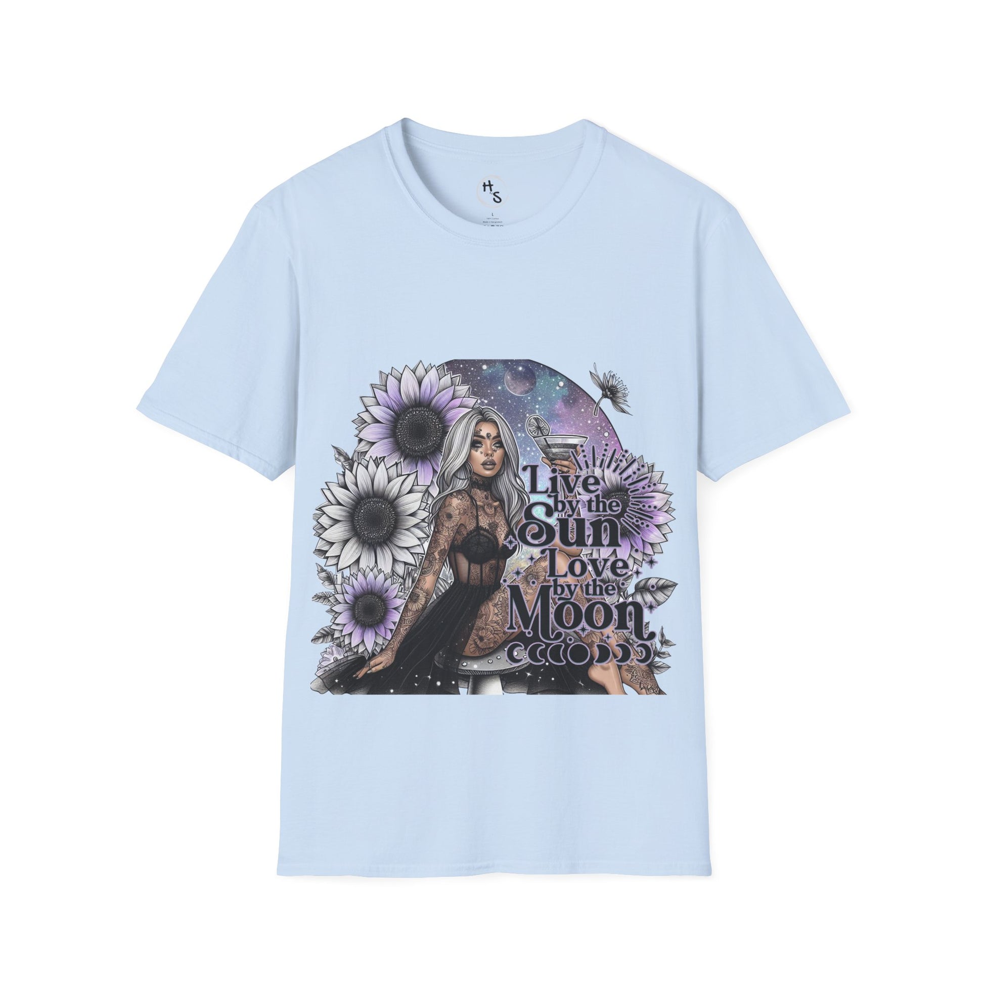 Light blue t-shirt with a graphic design featuring a woman, flowers, and text on a white background.