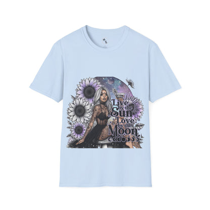 Light blue t-shirt with a graphic design featuring a woman, flowers, and text on a white background.