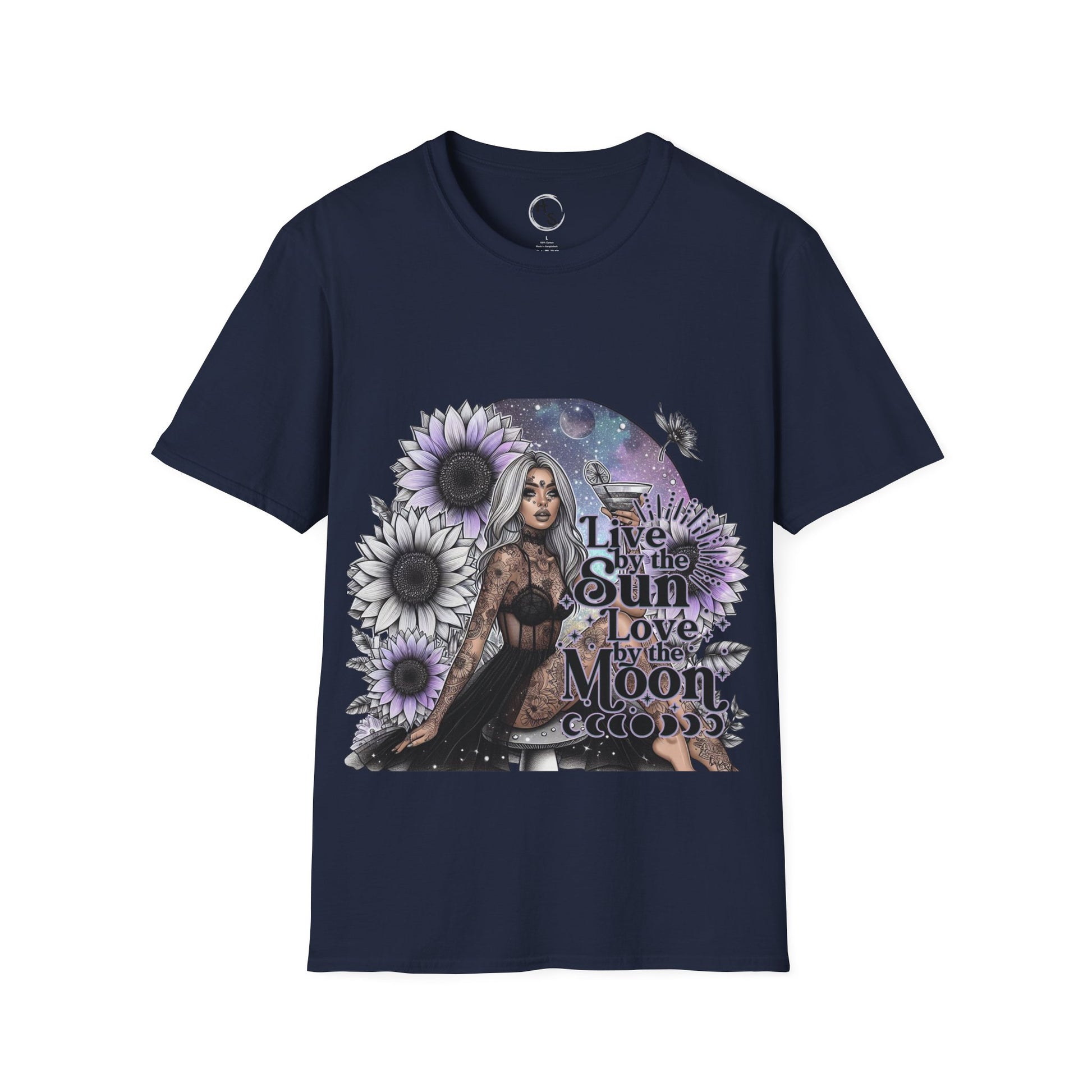 Navy blue t-shirt with a graphic design featuring a woman, flowers, and text on a white background.