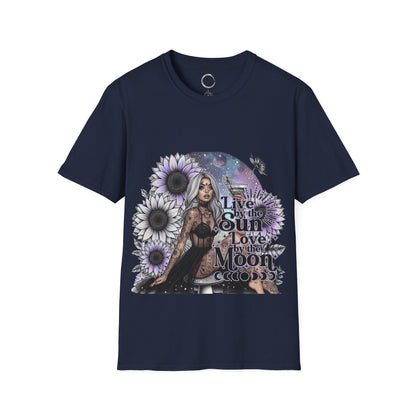 Navy blue t-shirt with a graphic design featuring a woman, flowers, and text on a white background.
