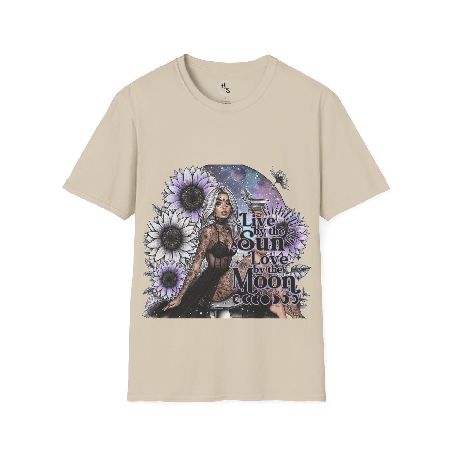 Beige t-shirt with a graphic design featuring a woman, flowers, and text on a white background