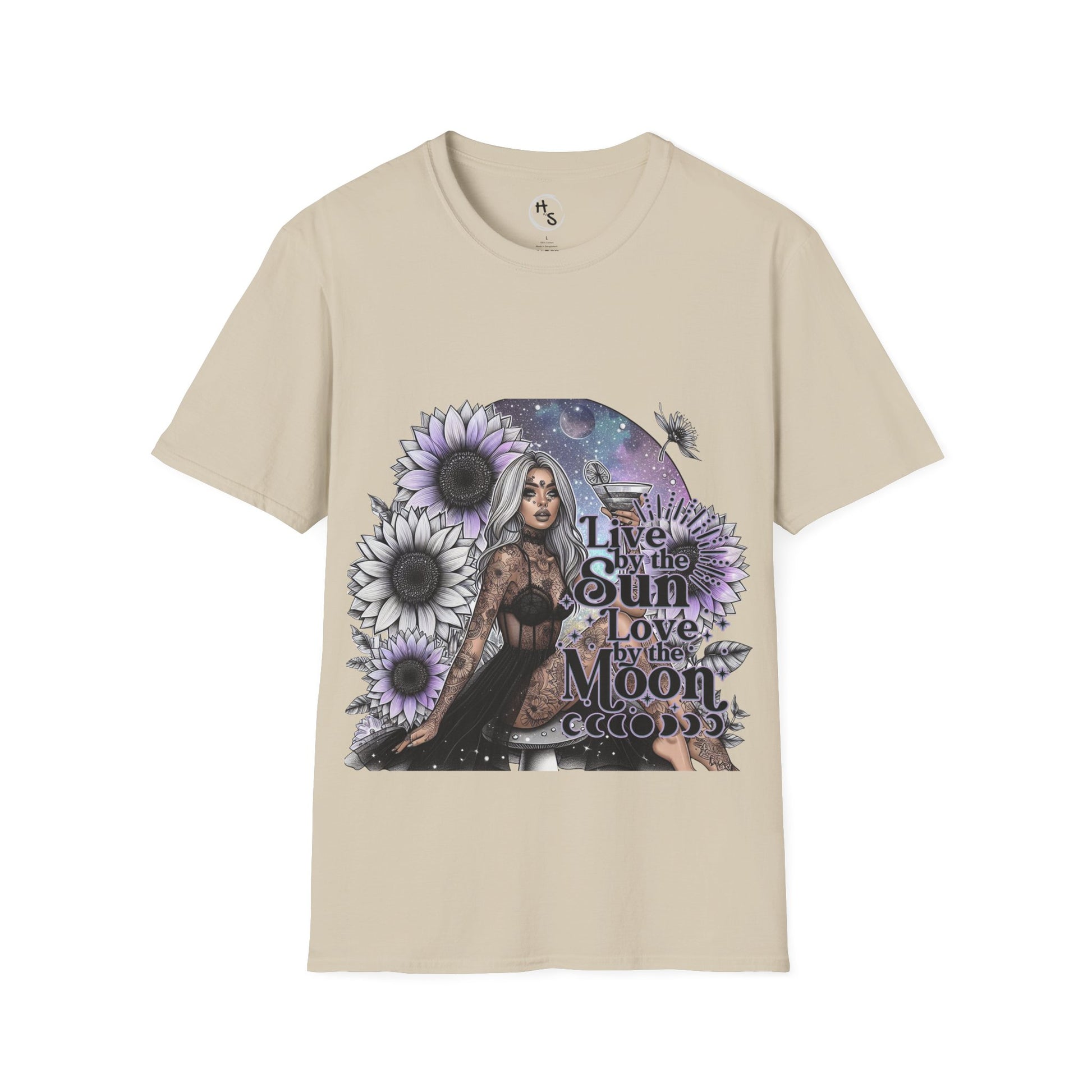 Beige t-shirt with a graphic design featuring a woman, flowers, and text on a white background