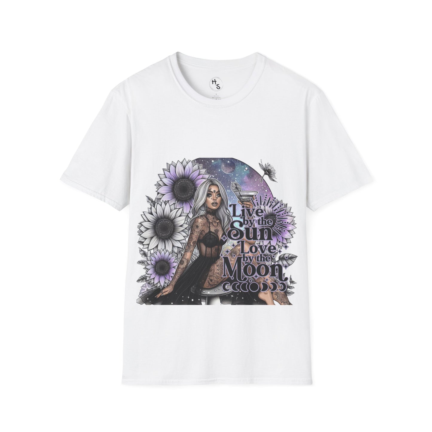 White t-shirt with a graphic design featuring a woman, flowers, and text on a white background