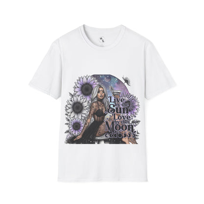 White t-shirt with a graphic design featuring a woman, flowers, and text on a white background