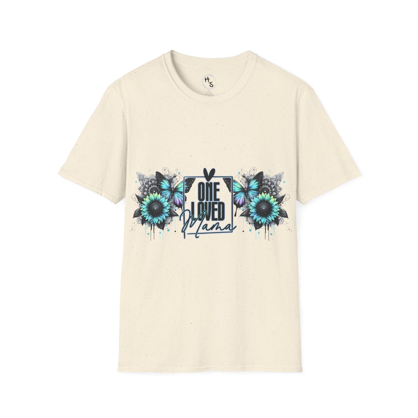 Beige t-shirt with floral design and text on a beige background