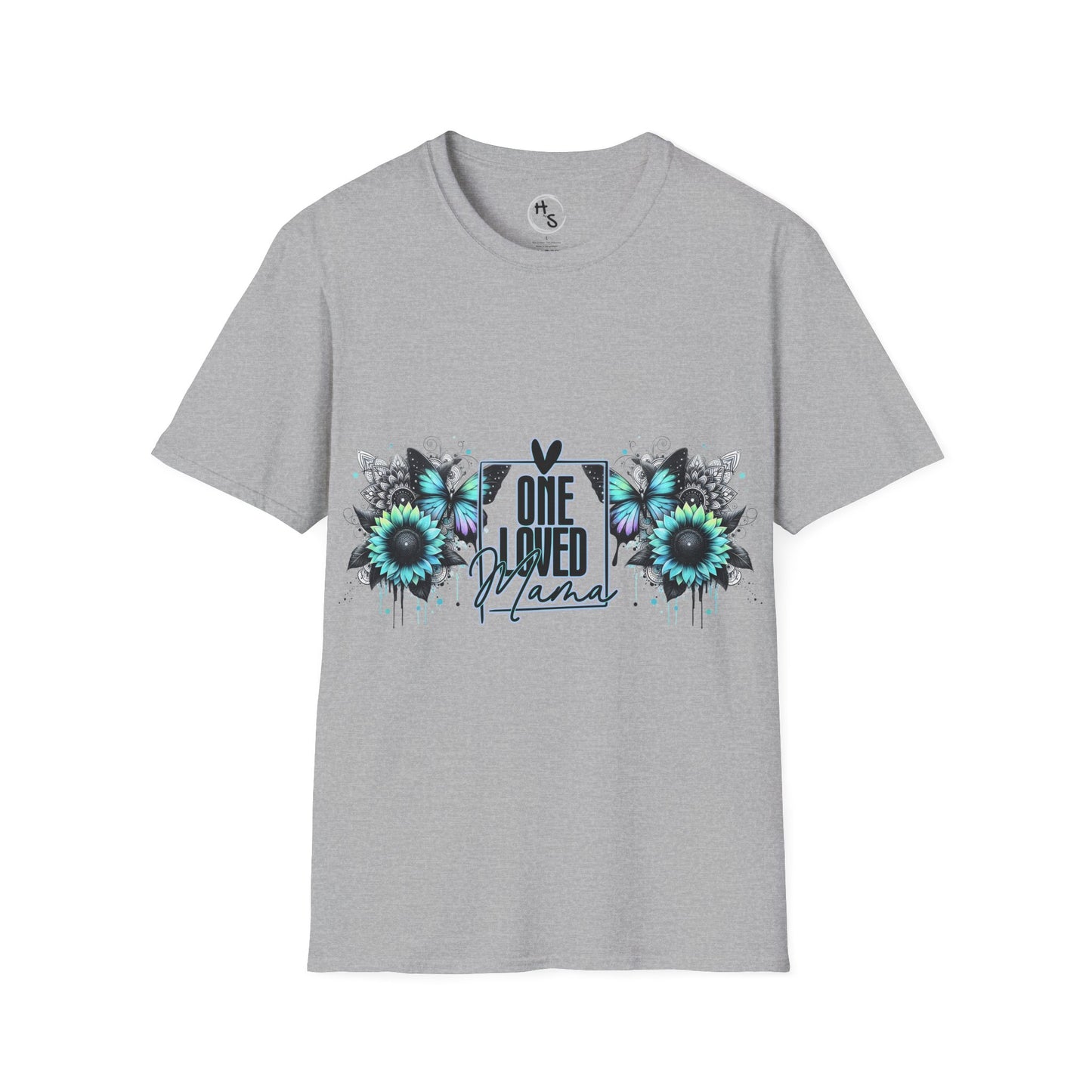 Gray t-shirt with floral design and text on a grey background