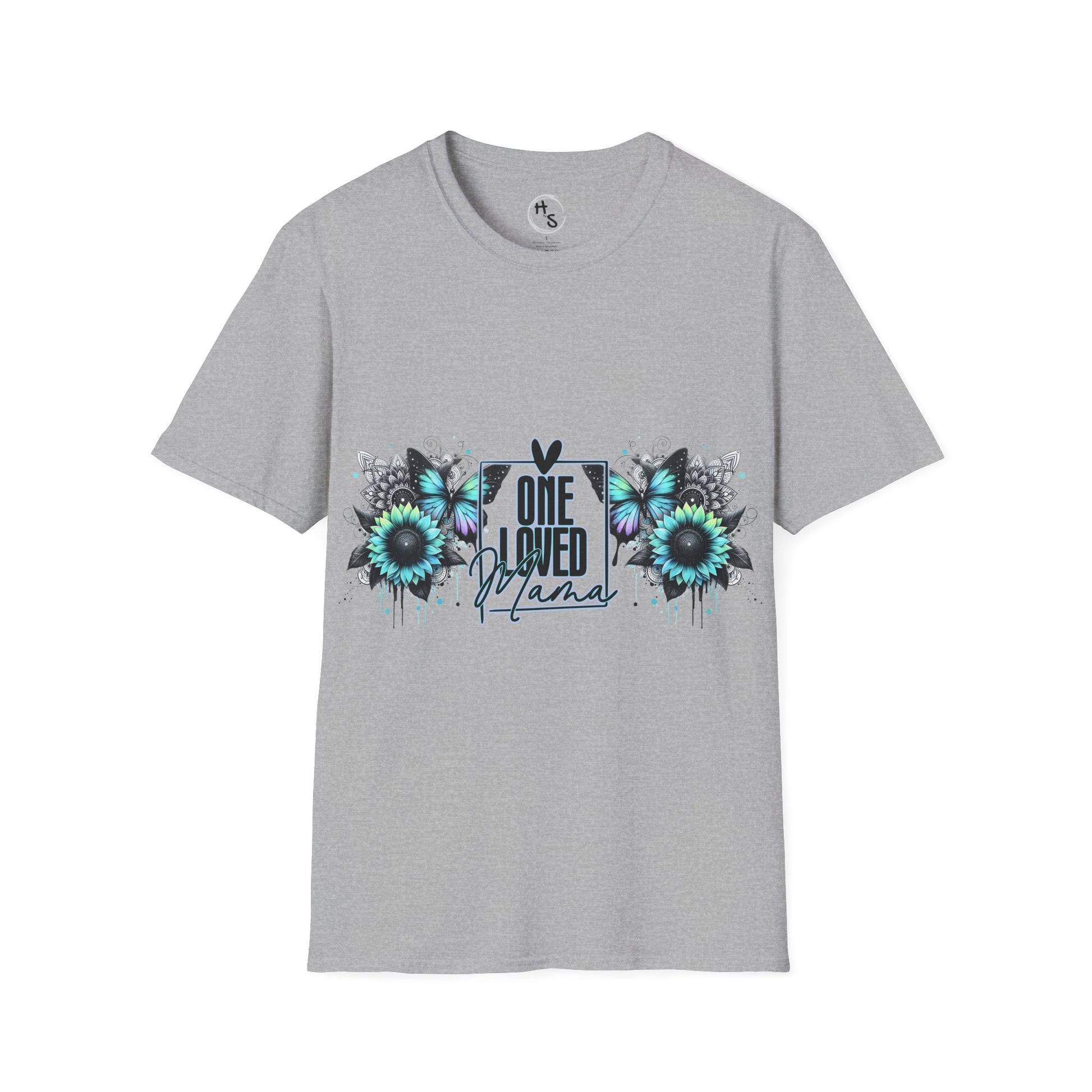 Gray t-shirt with floral design and text on a grey background