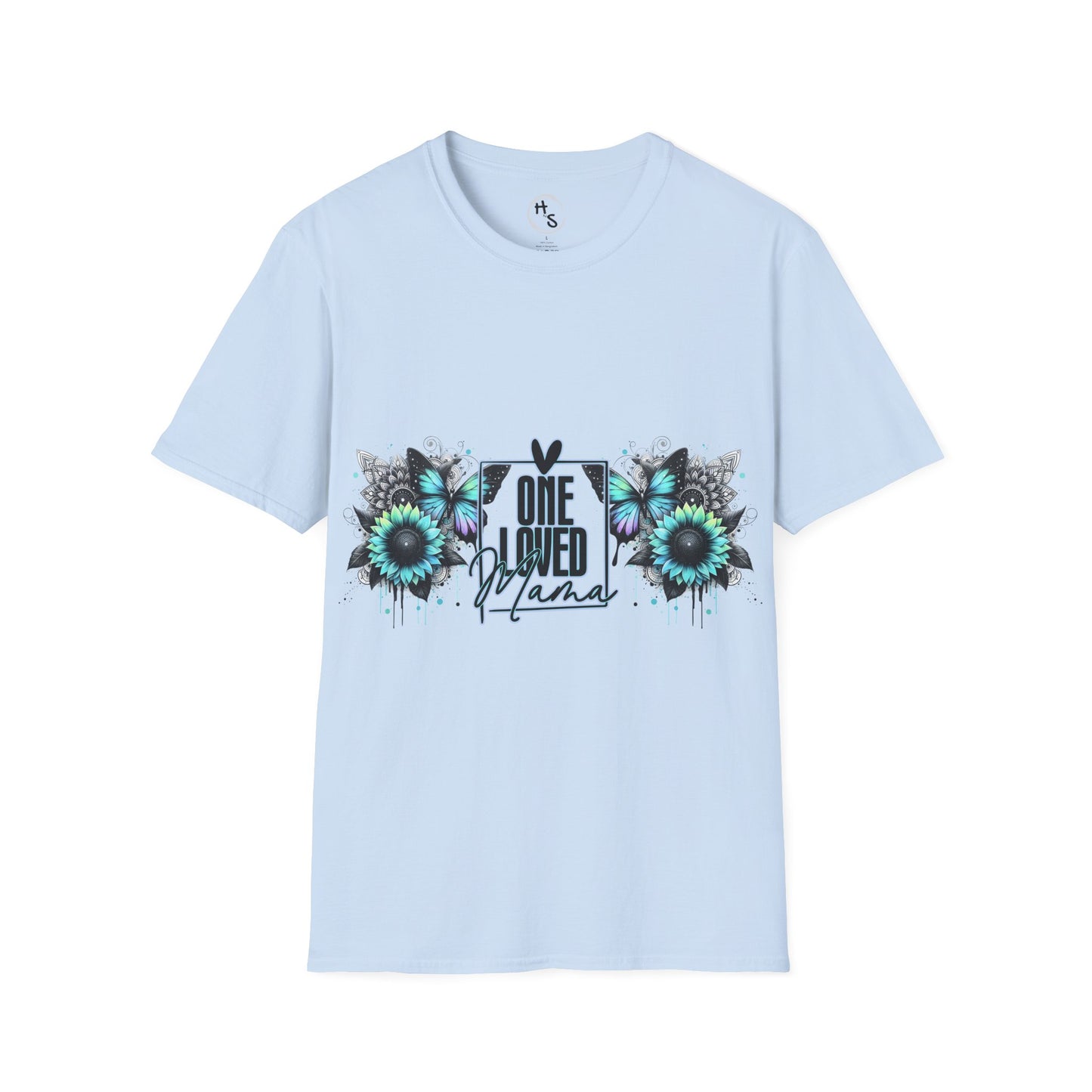 Light blue t-shirt with floral design and text on a light blue background