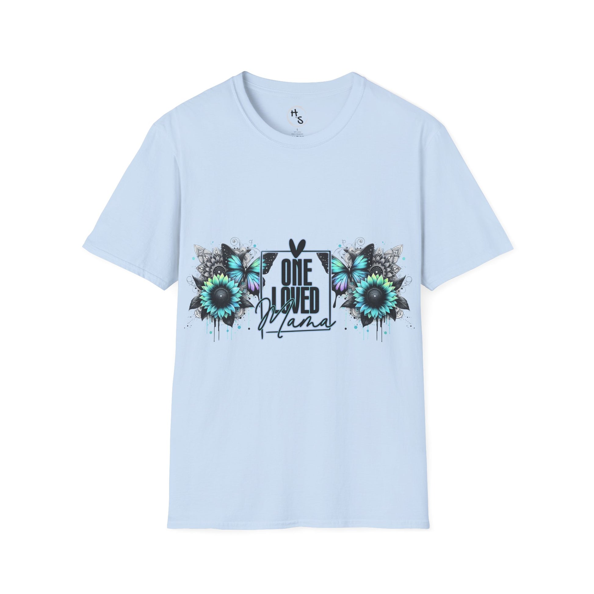 Light blue t-shirt with floral design and text on a light blue background
