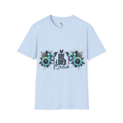 Light blue t-shirt with floral design and text on a light blue background