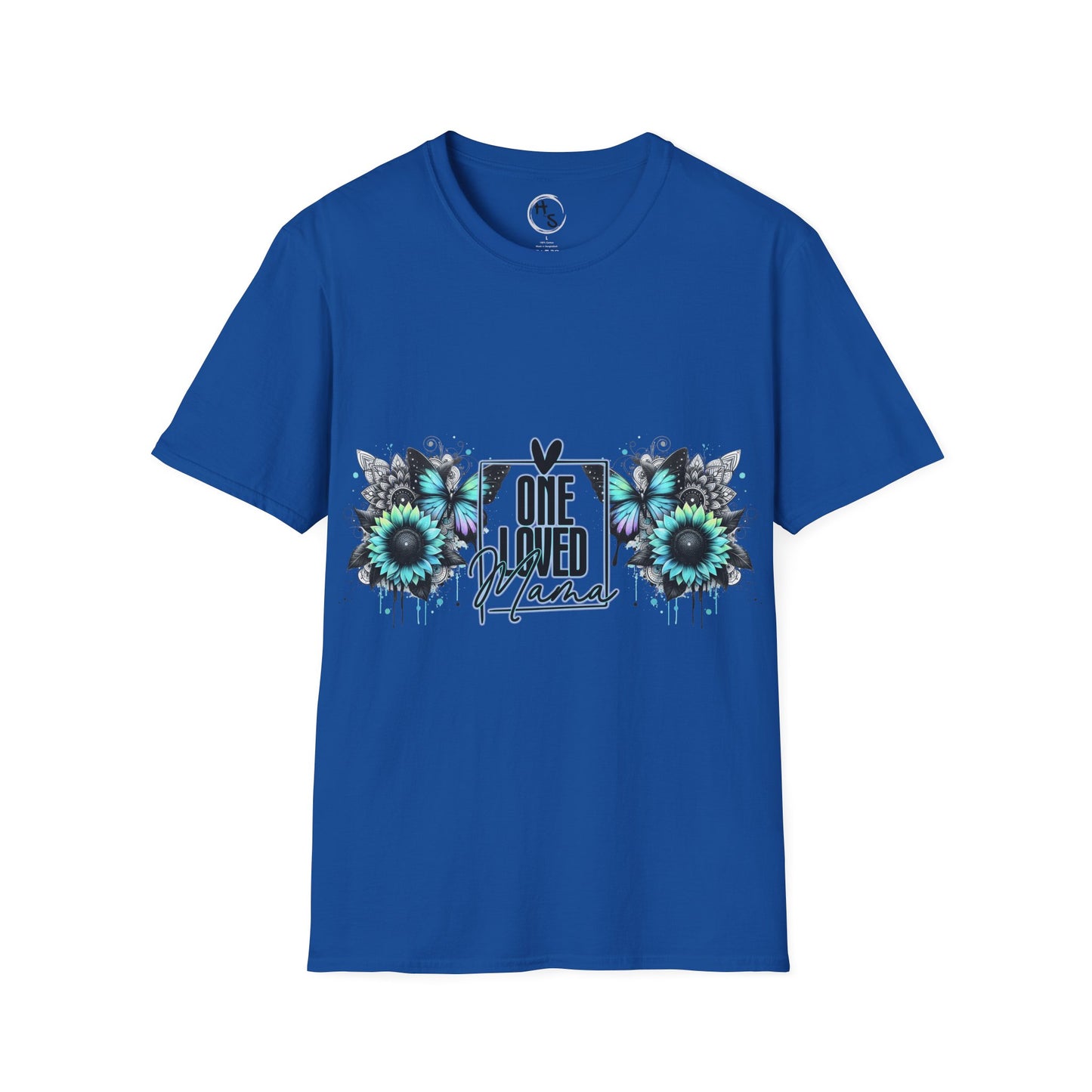Blue t-shirt with floral design and text on a blue background