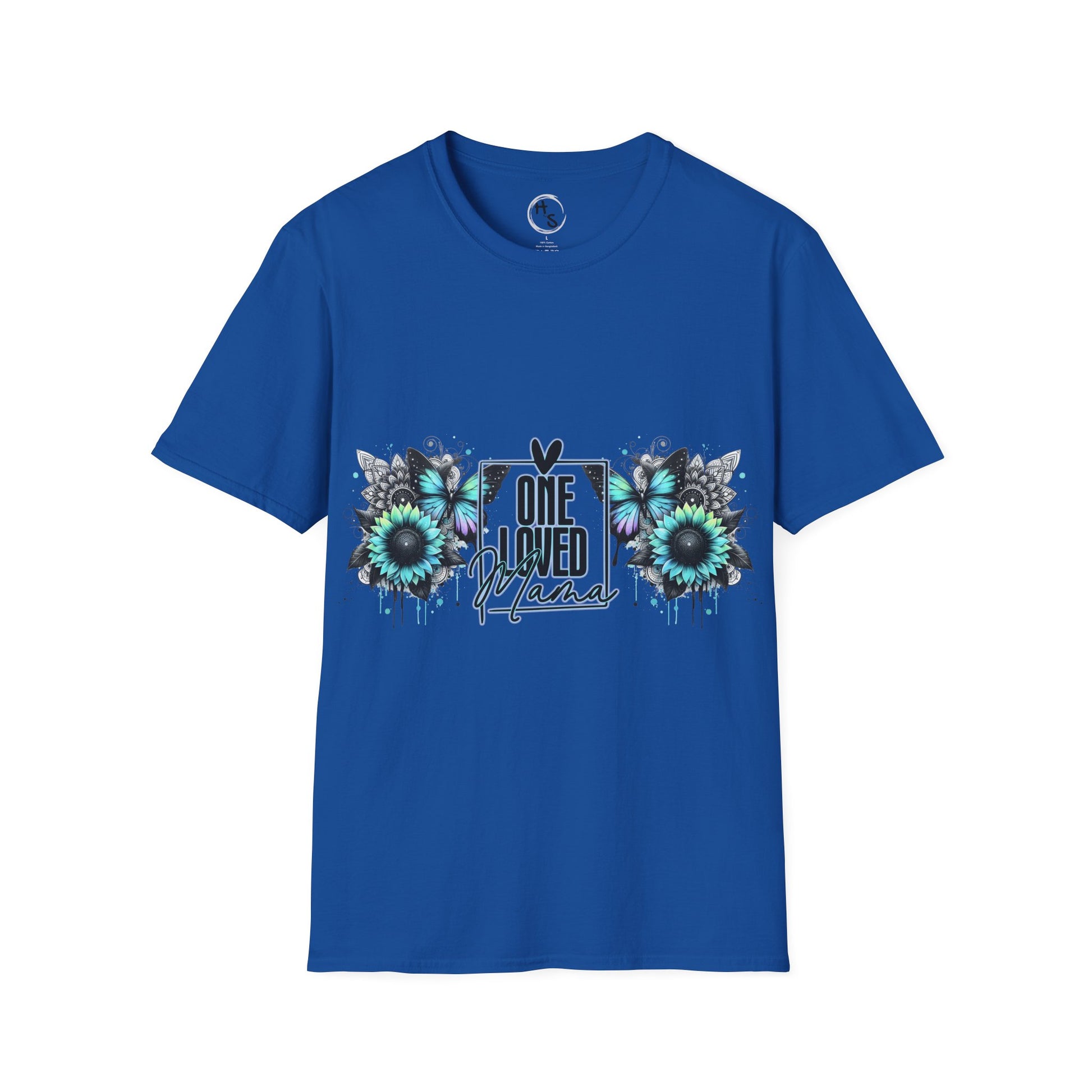 Blue t-shirt with floral design and text on a blue background