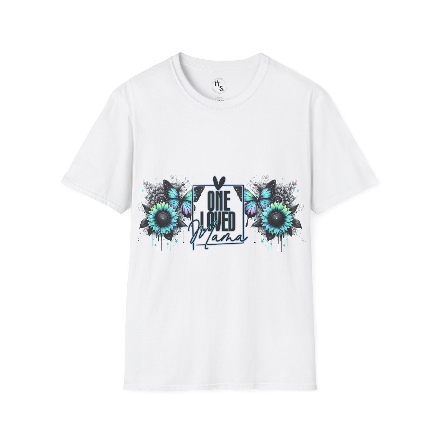 White t-shirt with floral design and text on a white background