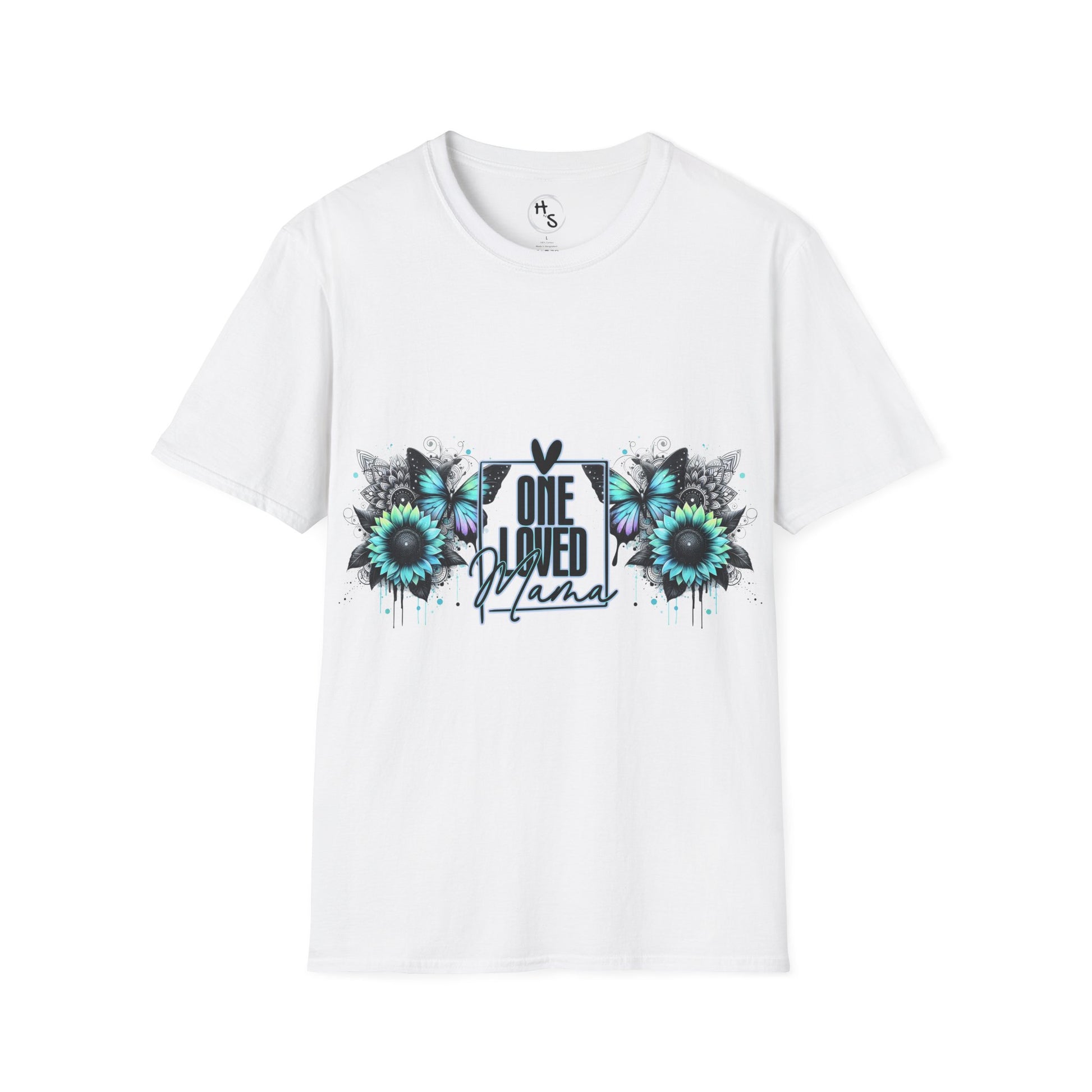 White t-shirt with floral design and text on a white background