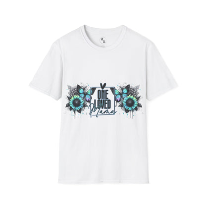 White t-shirt with floral design and text on a white background