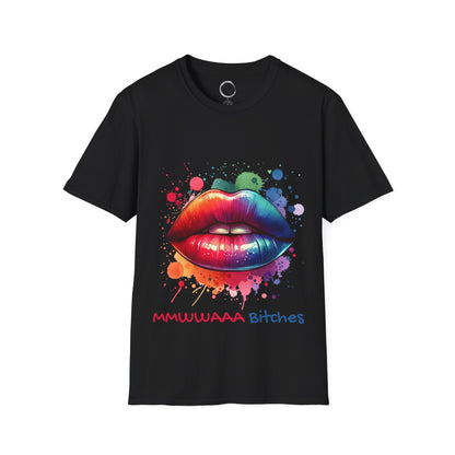 Black t-shirt with colorful lips graphic and text on a white background