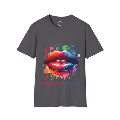 Gray t-shirt with colorful lips graphic design on a white background