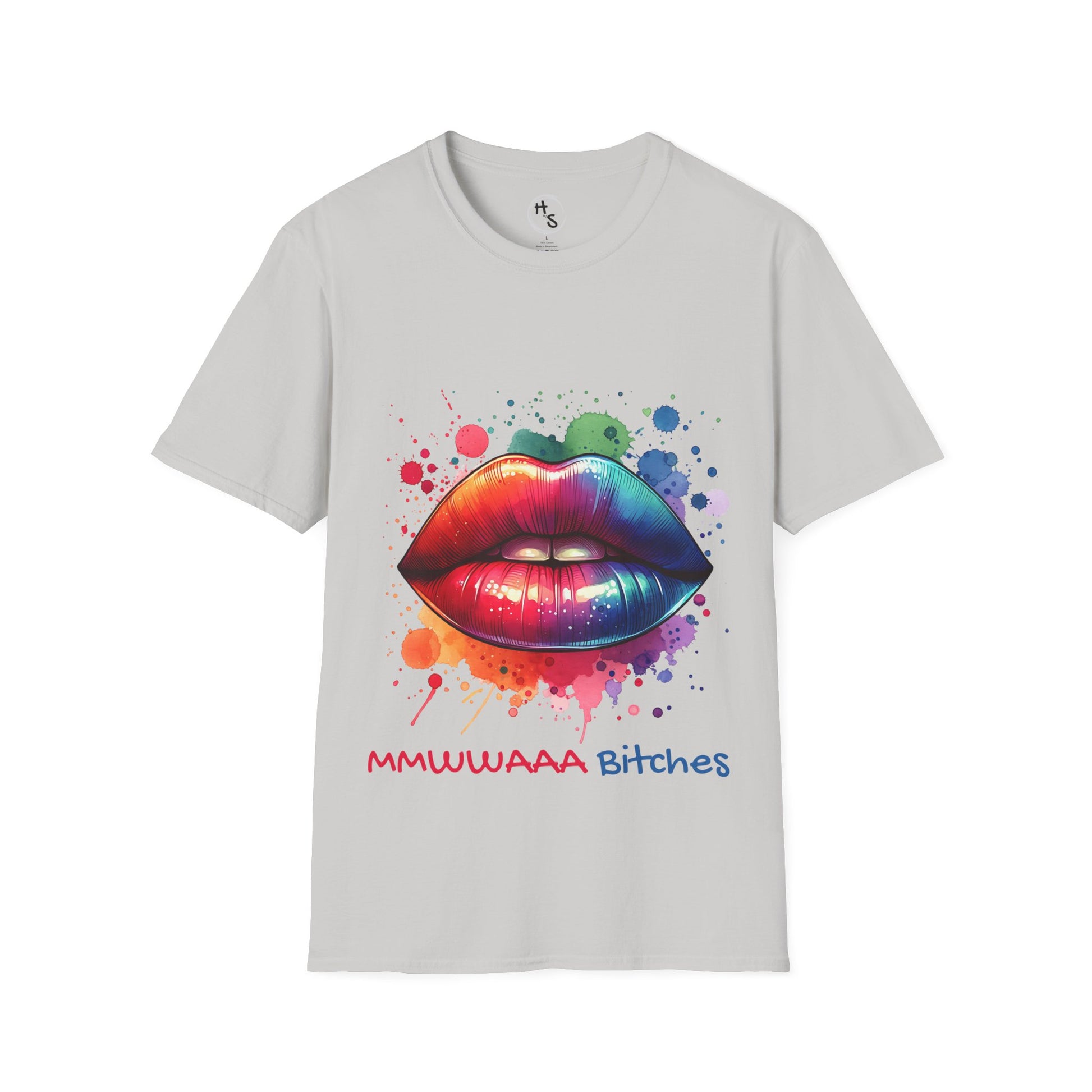 Ice Grey t-shirt with colorful lips graphic and text on a white background
