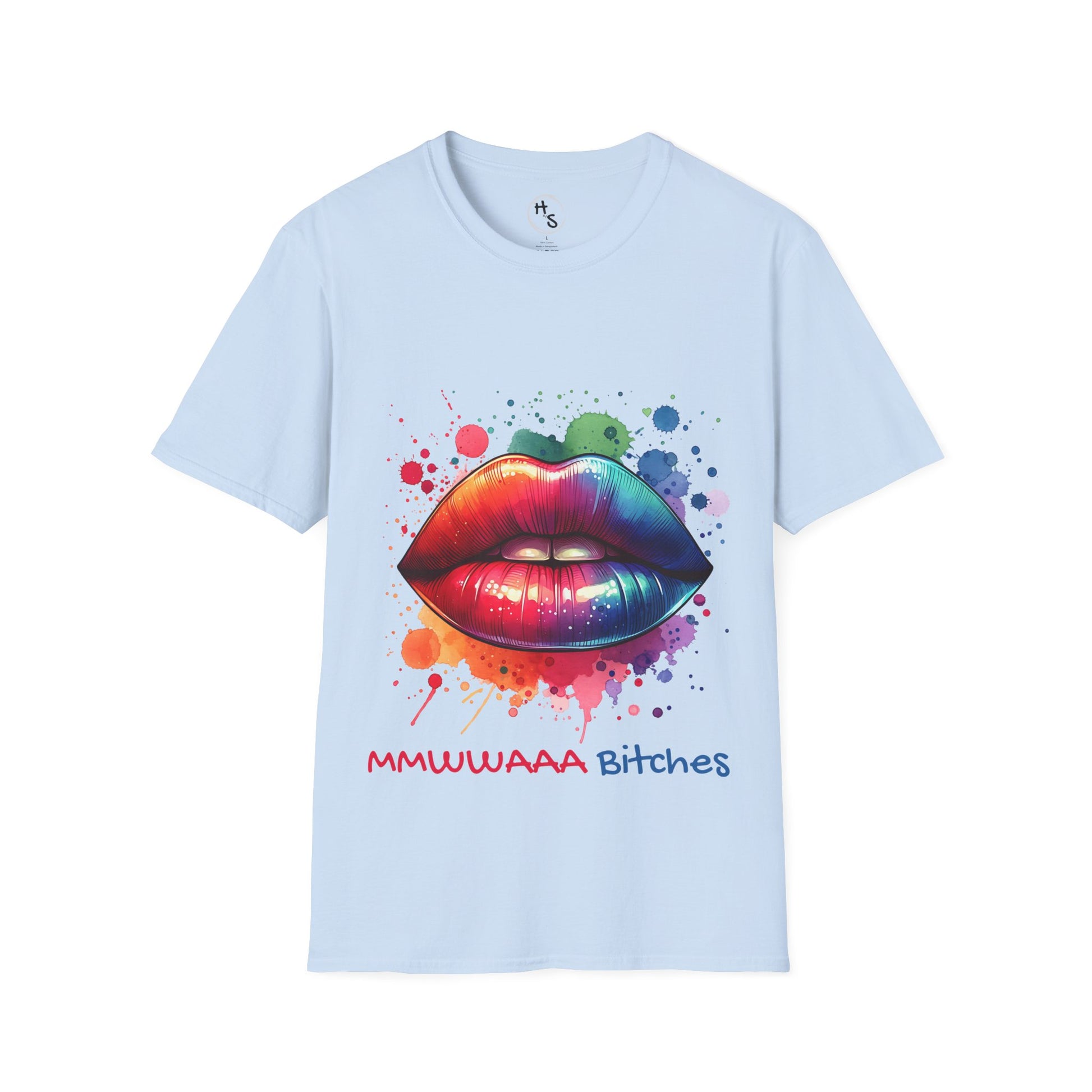 Light blue t-shirt with colorful lips graphic and text on a white background